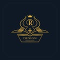 Gold Line graphics monogram. Elegant art logo design. Letter R. Graceful template. Business sign, identity for Restaurant, Royalty Royalty Free Stock Photo