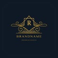 Gold Line graphics monogram. Elegant art logo design. Letter R. Graceful template. Business sign, identity for Restaurant, Royalty Royalty Free Stock Photo