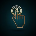 Gold line Hand holding coin icon isolated on dark blue background. Dollar or USD symbol. Cash Banking currency sign Royalty Free Stock Photo