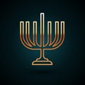 Gold line Hanukkah menorah icon isolated on dark blue background. Hanukkah traditional symbol. Holiday religion, jewish Royalty Free Stock Photo