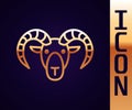 Gold line Head of goat or ram icon isolated on black background. Mountain sheep. Animal symbol. Vector Royalty Free Stock Photo