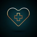 Gold line Heart with a cross icon isolated on dark blue background. First aid. Healthcare, medical and pharmacy sign Royalty Free Stock Photo
