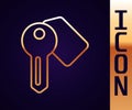 Gold line Hotel door lock key icon isolated on black background. Vector Royalty Free Stock Photo
