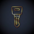 Gold line Hotel door lock key icon isolated on black background. Vector Royalty Free Stock Photo