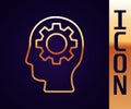 Gold line Human head with gear inside icon isolated on black background. Artificial intelligence. Thinking brain. Symbol Royalty Free Stock Photo