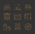 Gold line icons set of hiking, camping and tourism