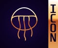 Gold line Jellyfish icon isolated on black background. Vector