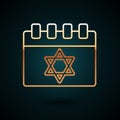 Gold line Jewish calendar with star of david icon isolated on dark blue background. Hanukkah calendar day. Vector