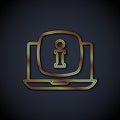 Gold line Laptop with information icon isolated on black background. Vector Royalty Free Stock Photo