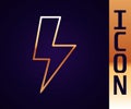 Gold line Lightning bolt icon isolated on black background. Flash sign. Charge flash icon. Thunder bolt. Lighting strike