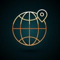 Gold line Location on the globe icon isolated on dark blue background. World or Earth sign. Vector Illustration Royalty Free Stock Photo