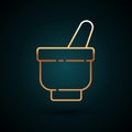 Gold line Magic mortar and pestle icon isolated on dark blue background. Vector Illustration Royalty Free Stock Photo