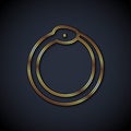 Gold line Magic symbol of Ouroboros icon isolated on black background. Snake biting its own tail. Animal and infinity Royalty Free Stock Photo