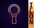 Gold line Magnifying glass icon isolated on black background. Search, focus, zoom, business symbol. Vector Royalty Free Stock Photo