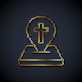Gold line Map pin church building icon isolated on black background. Christian Church. Religion of church. Vector Royalty Free Stock Photo