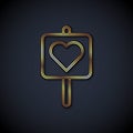 Gold line Map pointer with heart icon isolated on black background. Valentines day. Love location. Romantic map pin Royalty Free Stock Photo