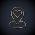 Gold line Map pointer with heart icon isolated on black background. Valentines day. Love location. Romantic map pin Royalty Free Stock Photo