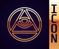 Gold line Masons symbol All-seeing eye of God icon isolated on black background. The eye of Providence in the triangle. Vector