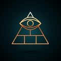 Gold line Masons symbol All-seeing eye of God icon isolated on dark blue background. The eye of Providence in the