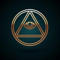 Gold line Masons symbol All-seeing eye of God icon isolated on dark blue background. The eye of Providence in the