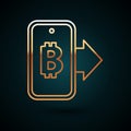 Gold line Mining bitcoin from mobile icon isolated on dark blue background. Cryptocurrency mining, blockchain technology