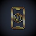 Gold line Mobile with art store app icon isolated on black background. Technology of selling NFT tokens for Royalty Free Stock Photo