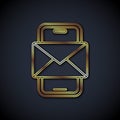 Gold line Mobile and envelope, new message, mail icon isolated on black background. Usage for e-mail newsletters