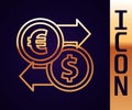 Gold line Money exchange icon isolated on black background. Euro and Dollar cash transfer symbol. Banking currency sign Royalty Free Stock Photo