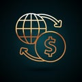 Gold line Money exchange icon isolated on dark blue background. Euro and Dollar cash transfer symbol. Banking currency sign. Royalty Free Stock Photo