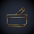 Gold line Mortar and pestle icon isolated on black background. Vector