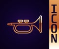 Gold line Musical instrument trumpet icon isolated on black background. Vector Royalty Free Stock Photo