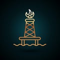 Gold line Oil rig with fire icon isolated on dark blue background. Gas tower. Industrial object. Vector Illustration Royalty Free Stock Photo