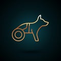Gold line Paralyzed dog in wheelchair icon isolated on dark blue background. Vector
