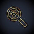 Gold line Paw search icon isolated on black background. Magnifying glass with animal footprints. Vector Royalty Free Stock Photo
