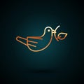 Gold line Peace dove with olive branch icon isolated on dark blue background. Happy Easter. Vector Illustration