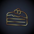 Gold line Piece of cake icon isolated on black background. Happy Birthday. Vector Royalty Free Stock Photo