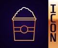 Gold line Popcorn in cardboard box icon isolated on black background. Popcorn bucket box. Vector Illustration