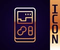 Gold line Portable video game console icon isolated on black background. Handheld console gaming. Vector