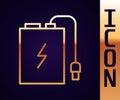 Gold line Power bank with different charge cable icon isolated on black background. Portable charging device. Vector Royalty Free Stock Photo