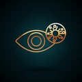 Gold line Reddish eye due to virus, bacterial or allergic conjunctivitis icon isolated on dark blue background. Vector