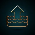 Gold line Rise in water level icon isolated on dark blue background. Vector
