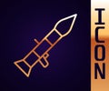 Gold line Rocket launcher with missile icon isolated on black background. Vector