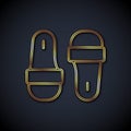 Gold line Sauna slippers icon isolated on black background. Vector Royalty Free Stock Photo