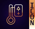 Gold line Sauna thermometer icon isolated on black background. Sauna and bath equipment. Vector