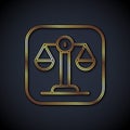 Gold line Scales of justice icon isolated on black background. Court of law symbol. Balance scale sign. Vector Royalty Free Stock Photo