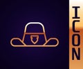 Gold line Sheriff hat with badge icon isolated on black background. Vector