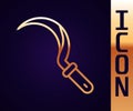 Gold line Sickle icon isolated on black background. Reaping hook sign. Vector