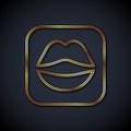 Gold line Smiling lips icon isolated on black background. Smile symbol. Vector