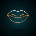 Gold line Smiling lips icon isolated on dark blue background. Smile symbol. Vector