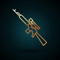 Gold line Sniper rifle with scope icon isolated on dark blue background. Vector Illustration